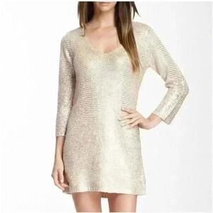 BCBG Max Azria Muiccia Foil Light Brown Gold Cable Knit V-Neck Sweater Dress M